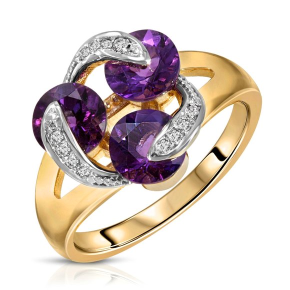 14K. SOLID GOLD RING WITH NATURAL DIAMONDS & AMETHYST (Yellow Gold) - Picture 1 of 5